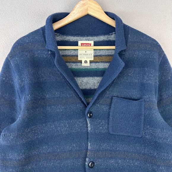 Levis Cardigan Sweater Mens M Blue Wool Button Front Collared Grandpa Striped - Picture 2 of 9